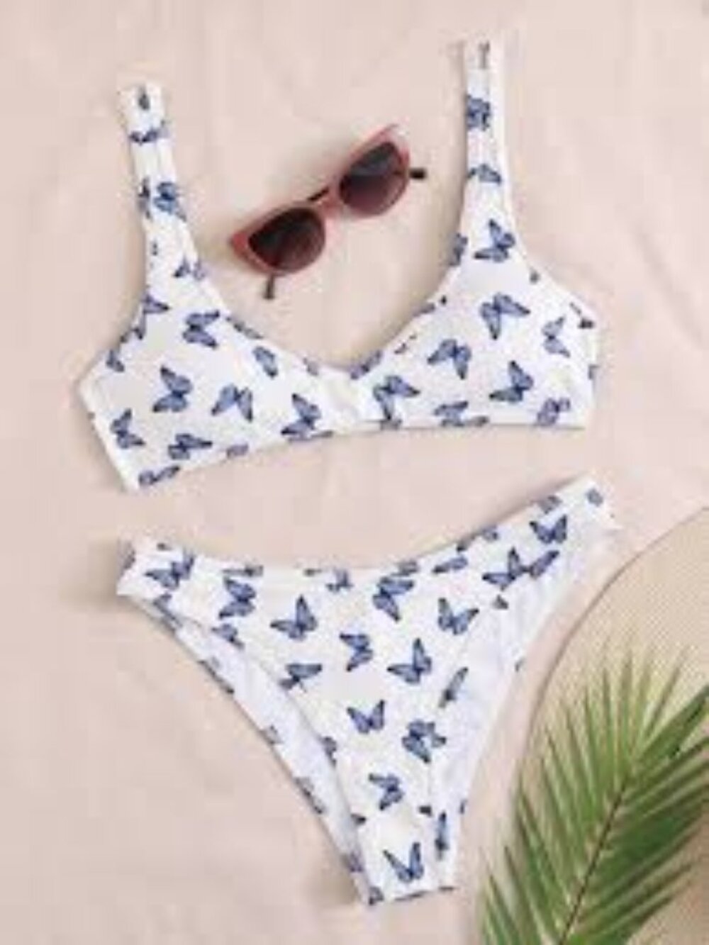 Blue Butterfly Print Matching Bikini Set Size Small Ribbed High-cut Bottoms